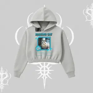 Missing Cat Baskılı Kapşonlu Crop Sweatshirt