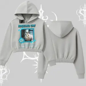 Missing Cat Baskılı Kapşonlu Crop Sweatshirt
