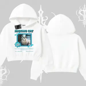 Missing Cat Baskılı Kapşonlu Crop Sweatshirt