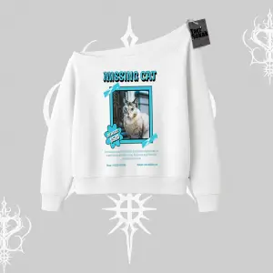 Missing Cat Baskılı Kayık Yaka Sweatshirt