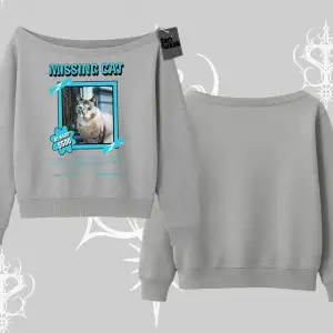 Missing Cat Baskılı Kayık Yaka Sweatshirt
