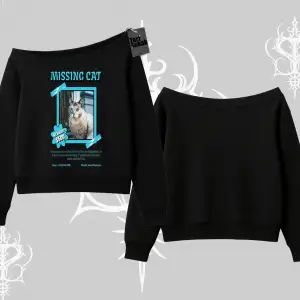 Missing Cat Baskılı Kayık Yaka Sweatshirt