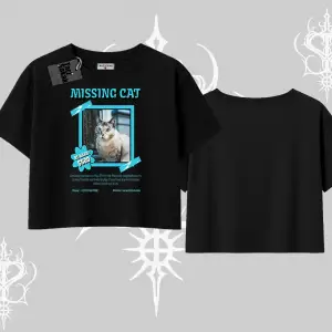 Missing Cat Baskılı Oversize Crop Tshirt