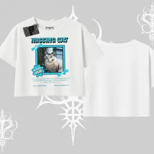 Missing Cat Baskılı Oversize Crop Tshirt