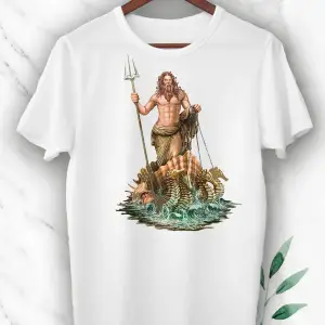 Mitoloji Denizler Tanrısı Poseidon Baskılı Beyaz Unısex Tişört