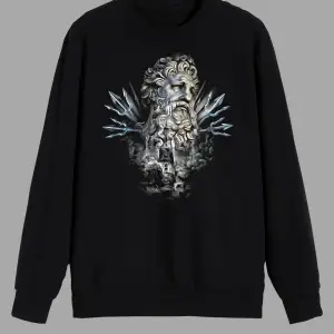 Mitoloji Denizler Tanrısı Poseidon Heykel Baskılı Siyah Unısex Sweatshirt