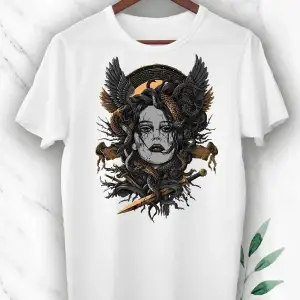 Mitoloji Medusa Baskılı Beyaz Unısex Tişört