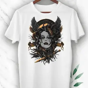 Mitoloji Medusa Baskılı Beyaz Unısex Tişört