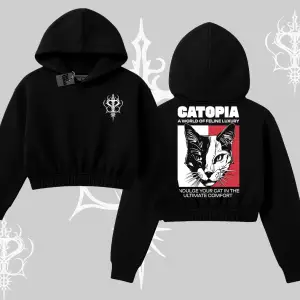 Modern Kedi Temalı Arka Baskılı Kapşonlu Crop Sweatshirt