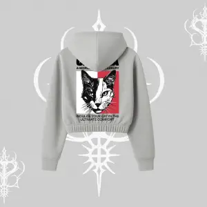 Modern Kedi Temalı Arka Baskılı Kapşonlu Crop Sweatshirt