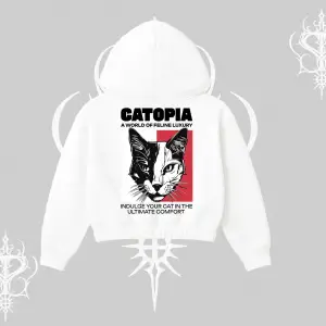 Modern Kedi Temalı Arka Baskılı Kapşonlu Crop Sweatshirt
