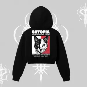 Modern Kedi Temalı Arka Baskılı Kapşonlu Crop Sweatshirt