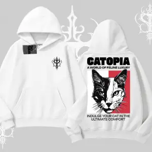 Modern Kedi Temalı Arka Baskılı Kapşonlu Sweatshirt
