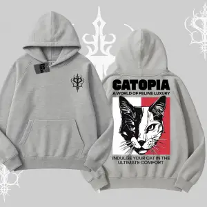 Modern Kedi Temalı Arka Baskılı Kapşonlu Sweatshirt