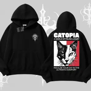 Modern Kedi Temalı Arka Baskılı Kapşonlu Sweatshirt