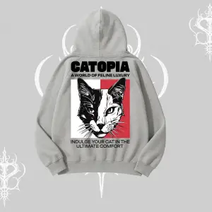 Modern Kedi Temalı Arka Baskılı Kapşonlu Sweatshirt