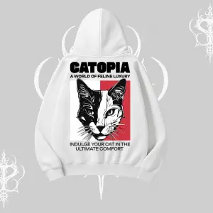 Modern Kedi Temalı Arka Baskılı Kapşonlu Sweatshirt