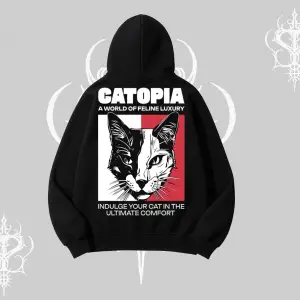 Modern Kedi Temalı Arka Baskılı Kapşonlu Sweatshirt