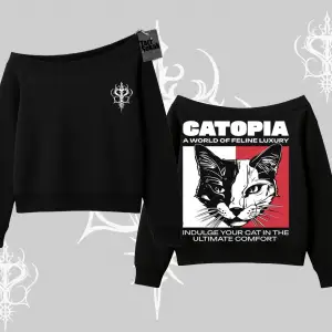 Modern Kedi Temalı Arka Baskılı Kayık Yaka Sweatshirt