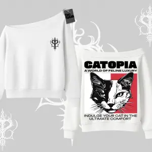 Modern Kedi Temalı Arka Baskılı Kayık Yaka Sweatshirt