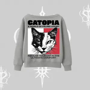 Modern Kedi Temalı Arka Baskılı Kayık Yaka Sweatshirt