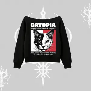 Modern Kedi Temalı Arka Baskılı Kayık Yaka Sweatshirt