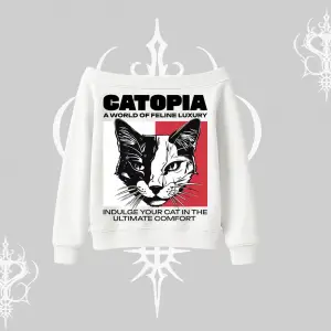 Modern Kedi Temalı Arka Baskılı Kayık Yaka Sweatshirt