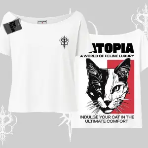 Modern Kedi Temalı Arka Baskılı Kayık Yaka Tshirt