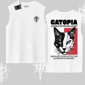 Modern Kedi Temalı Arka Baskılı Kolsuz Tshirt