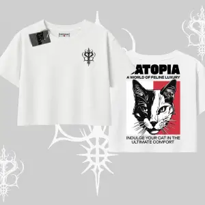 Modern Kedi Temalı Arka Baskılı Oversize Crop Tshirt