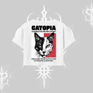 Modern Kedi Temalı Arka Baskılı Oversize Crop Tshirt