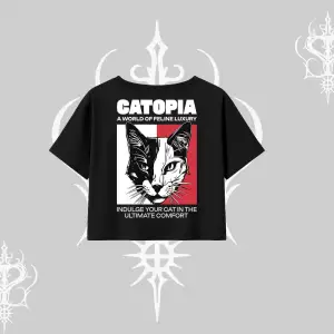 Modern Kedi Temalı Arka Baskılı Oversize Crop Tshirt