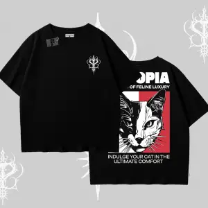 Modern Kedi Temalı Arka Baskılı Oversize Tshirt