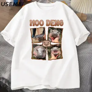 Moo Deng Rap T Shirt seviyorum Moo Deng komik bebek Hippo sevgilisi T-Shirt rahat pamuk erkek 3035