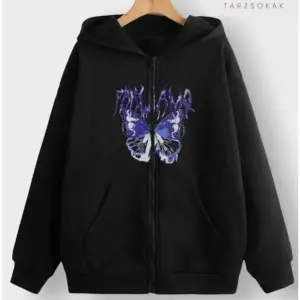 Mor Kelebek Yazılı Sweatshirt Fermuarlı Hırka Siyah