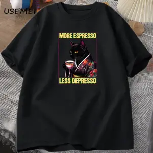 More Espresso Less Depresso Cat Drinking Coffee Funny T Shirt for Men Women Japanese Style Ca 2910
