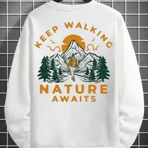Mountain & Slogan Graphic Drop Shoulder Sweatshirt Beyaz