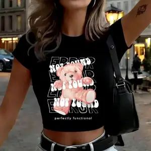 Mükemmel Çalışır Durumda Ayı Baskıları Kadın Kırpma Üstleri Yaz Yumuşak Yüksek Elastik Tişört