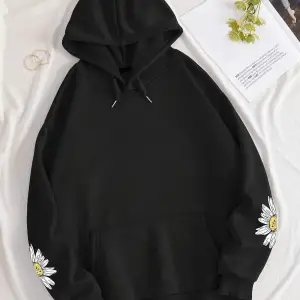 Mushroom & Slogan Graphic Kangaroo Pocket Drawstring Hoodie Siyah