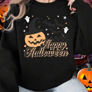 Mutlu Cadılar Bayramı Baskı Tişörtü Kadın Kış Polar Sıcak Hoodies Crewneck Gevşek Kazak Temel