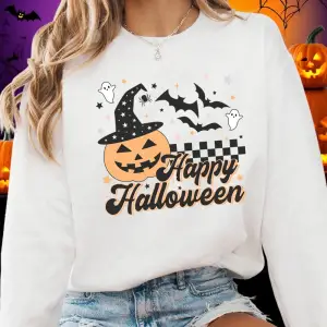 Mutlu Cadılar Bayramı Baskı Tişörtü Kadın Kış Polar Sıcak Hoodies Crewneck Gevşek Kazak Temel