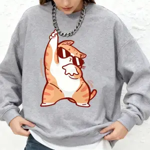 Mutlu Dans Eden Kedi Baskılı Kapüşonlu Üst Bayanlar İçin Basit Uzun Kollu Yuvarlak Yaka Sweat