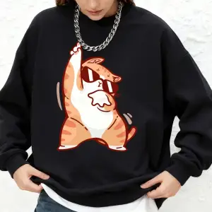 Mutlu Dans Eden Kedi Baskılı Kapüşonlu Üst Bayanlar İçin Basit Uzun Kollu Yuvarlak Yaka Sweat