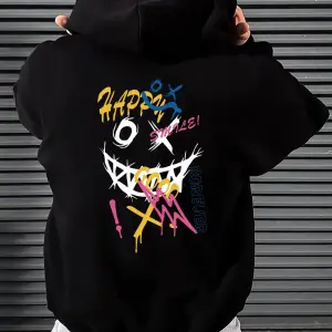 Mutlu Kelime Komik Kişilik Renkli Desen Hoody Erkekler Cep Çizgi Roman Kazak Sonbahar Yumuşak