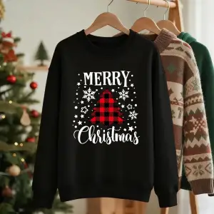 Mutlu Noeller Kırmızı Izgara Ağacı Baskılı Sweatshirt Kadınlar İçin Bol Rahat Kapüşonlu Polar
