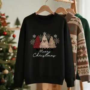 Mutlu Noeller Leopar Ekose Ağaçlar Baskılar Tişörtü Kadın Kış Polar Hoodie Bisiklet Yaka Gevş