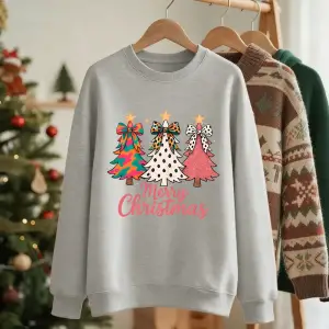 Mutlu Noeller Renkli Yay Ağaçlar Baskılar Kazak Kadın Crewneck Rahat Hoodie Gevşek Polar Sıca