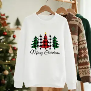 Mutlu Noeller Yıldız Izgara Ağacı Baskılı Tişörtü Bayan Bisiklet Yaka Temel Kapüşonlular Gevş