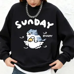 Mutlu Pazar Kedi Ördek Baskı Tişörtü Bayan Sonbahar Büyük Boy Jogger Kapüşonlular Temel Uzun