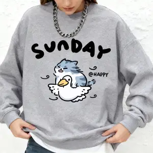 Mutlu Pazar Kedi Ördek Baskı Tişörtü Bayan Sonbahar Büyük Boy Jogger Kapüşonlular Temel Uzun